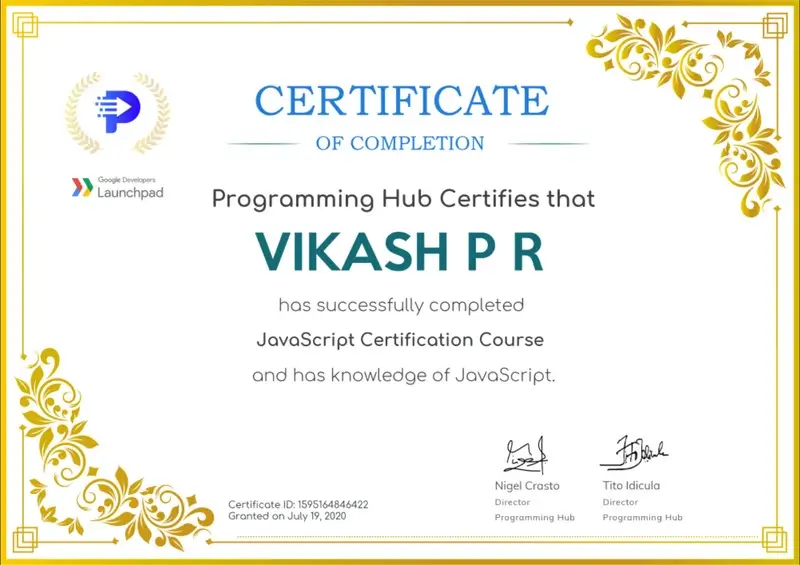 VikashPR's JavaScript certificate1