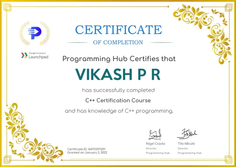 VikashPR's C++ certificate